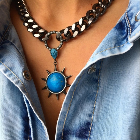 NEW!  Sun Turquoise Necklace, Cuban Link Chain, Gemstone Necklace, Statement - Picture 1 of 4